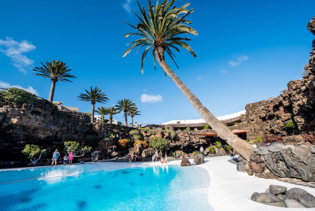 La piscina bianca e la palma dei Jameos del Agua, a Lanzarote